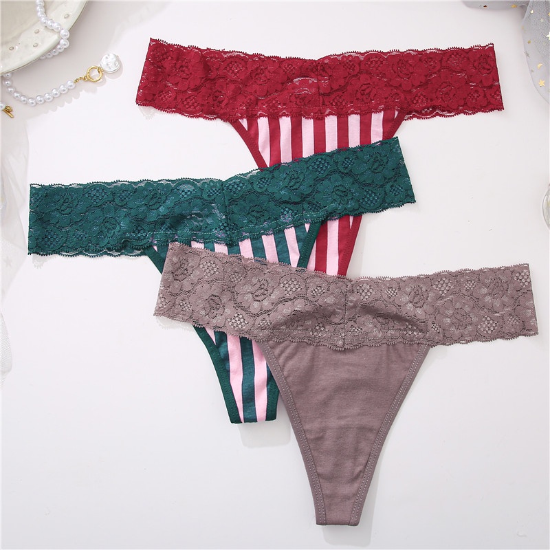 Cute Byte Bộ 3 Quần Lót Cotton Lọt Khe Phối Ren Hoa Dễ Thương Cho Nữ