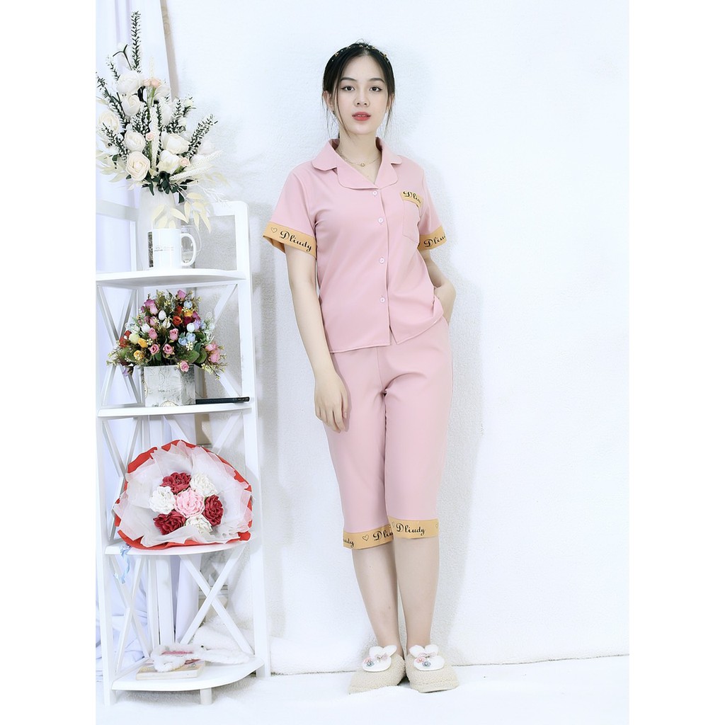 Set đồ bộ pijama nữ Lửng L2 HỒNG tay ngắn , quần lửng in chữ ký đơn giản sang chảnh