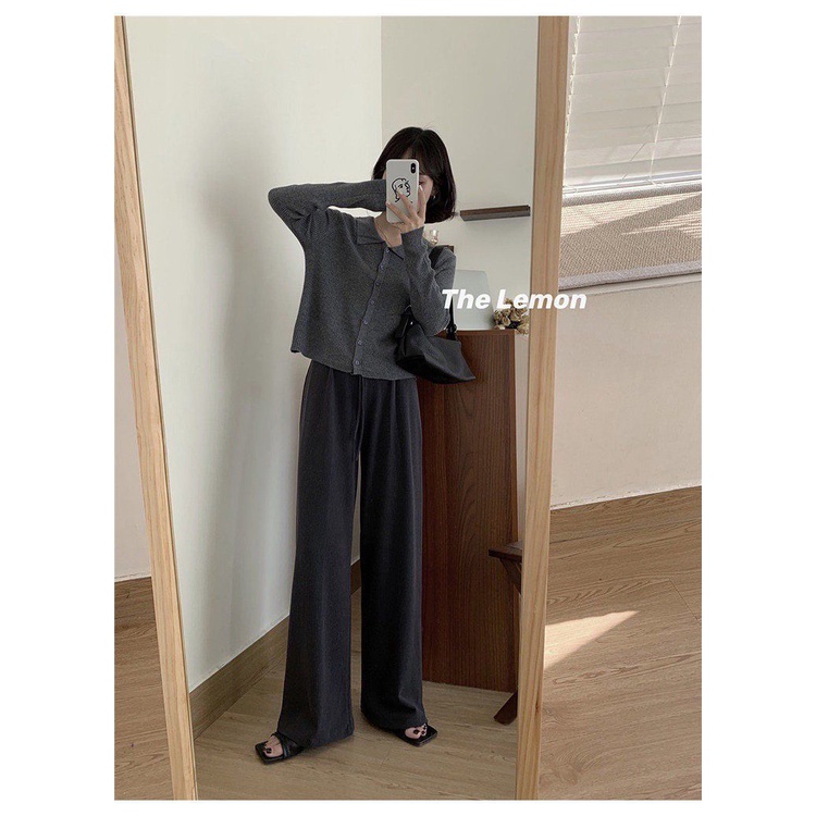 [Spot] Quần ống rộng lưng cao bằng vải nhung kẻ phong cách Hàn Quốc đơn giản dễ phối đồ