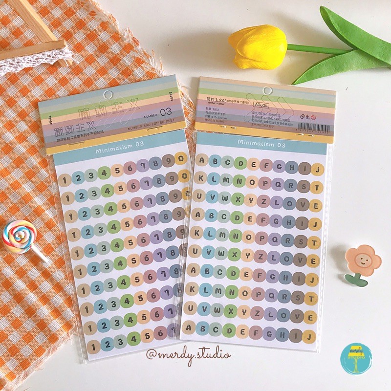 Set 2 tấm sticker số đếm và chữ cái trang trí bullet journal phong cách minimalism