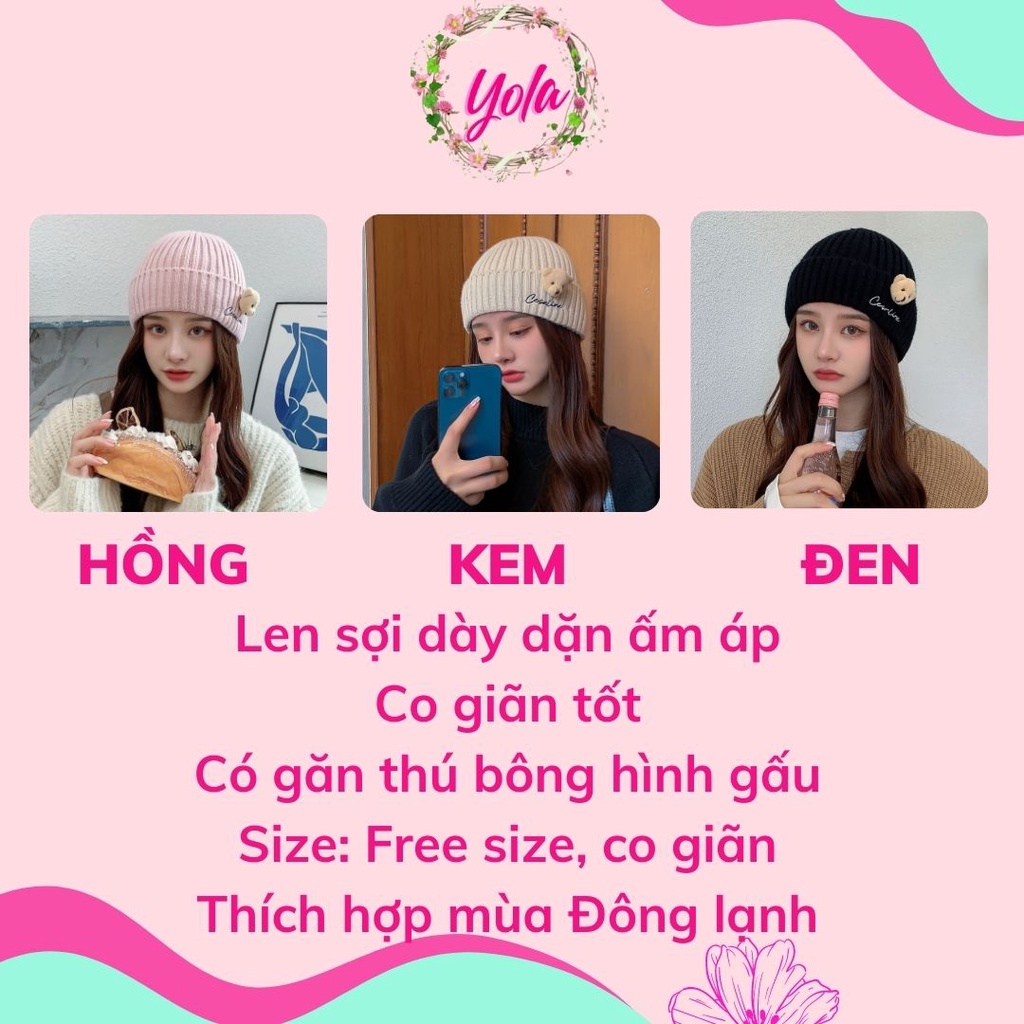 Mũ Len Nữ Mùa Đông Yola shop  Giữ Ấm Tai Mùa Đông gắn gấu phong cách Hàn Quốc Dễ Thương MULE.006 (QUÀ TẶNG CỘT TÓC)