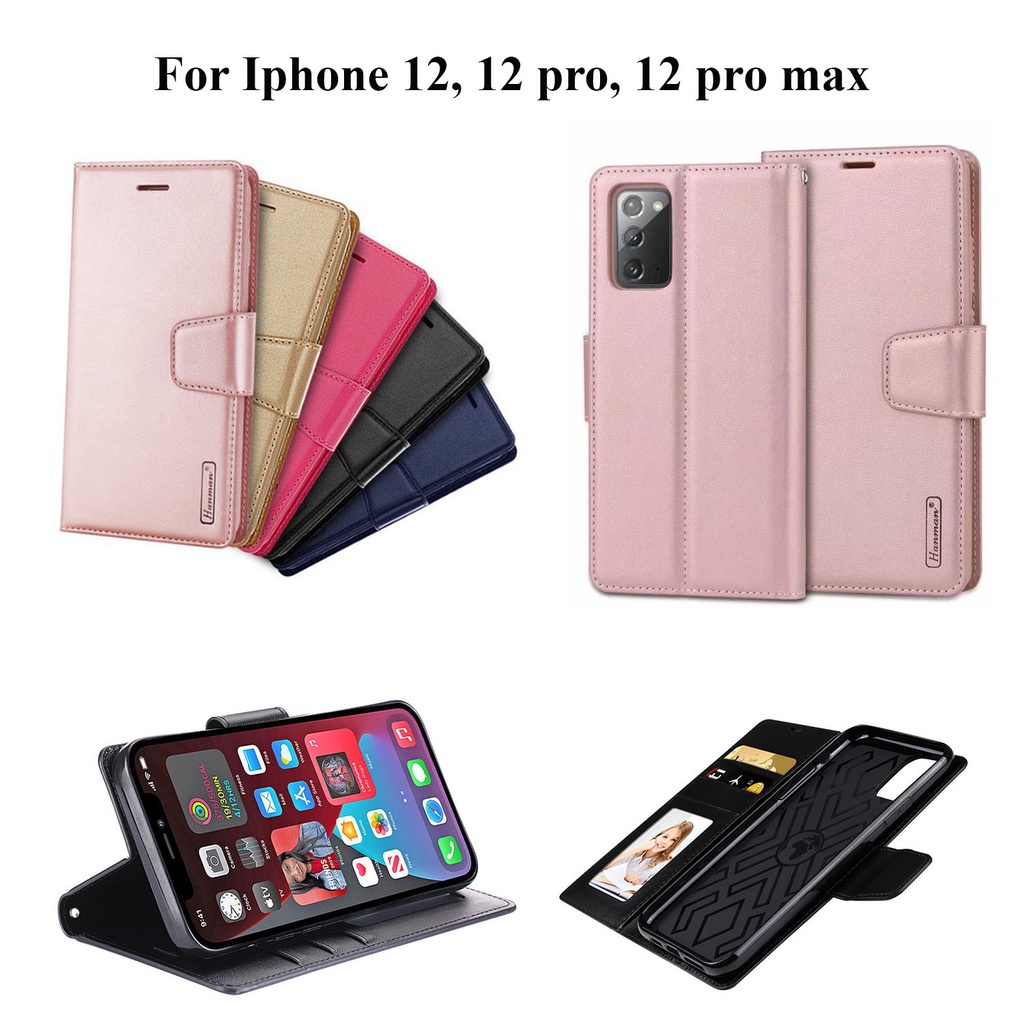 Bao da dạng ví iPhone 12 / 12 Pro / 12 Pro Max hiệu Hanman, có ngăn đựng thẻ tiền tiện lợi.