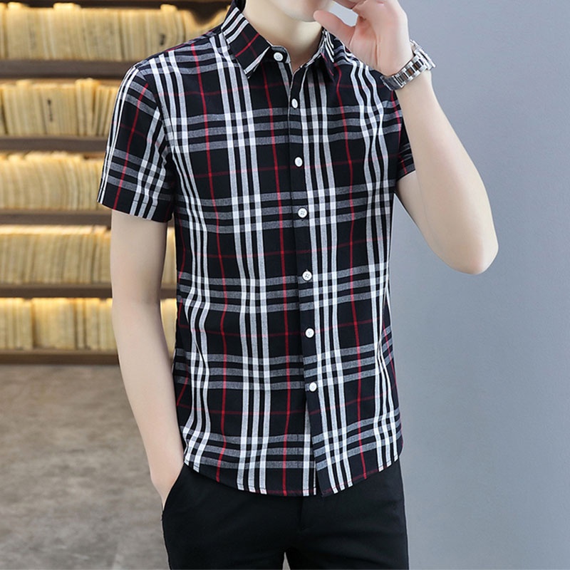 Áo Sơ Mi Cotton Tay Ngắn Họa Tiết Kẻ Sọc Màu Đen / Đỏ / Xanh Quân Đội Phong Cách Hàn Quốc Thời Trang Mùa Hè Cho Nam