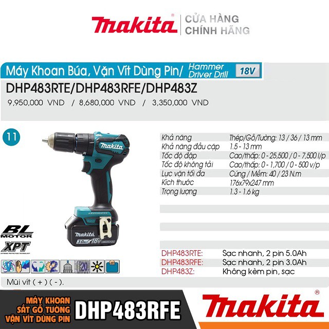 [Chính Hãng] Máy Khoan Bắt Vít Dùng Pin Makita DHP483RFE (18V-3.0AH) Bảo Hành Tại Các TTBH Toàn Quốc