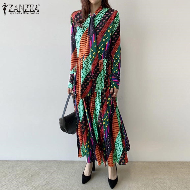 Đầm dài Zanzea cổ tròn tay dài in họa tiết hoa thời trang retro cho nữ