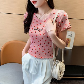 Áo croptop len dệt kim in hoạ tiết dâu tây