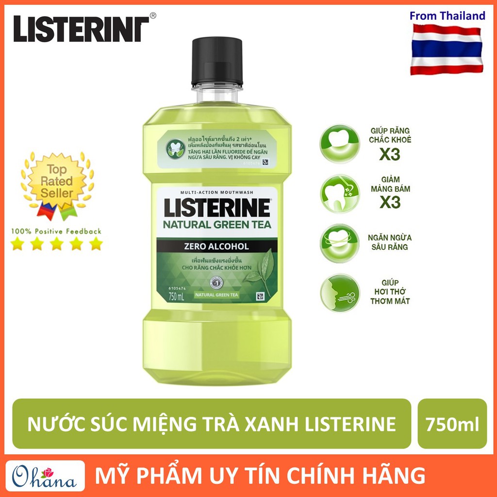Nước Súc Miệng Listerine Trà Xanh Ngừa Sâu Răng, Hơi Thở Thơm Mát Listerine Green Tea Zero Alcohol Mouthwash 750ml