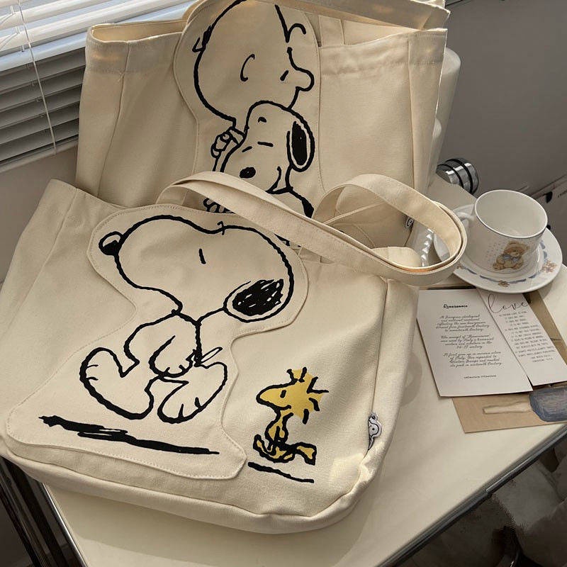 Snoopy Snoppy Original Canvas Bag Shoulder Bag Cartoon Cute Large Capacity Zipper Female Student Tuition Bag pCP0