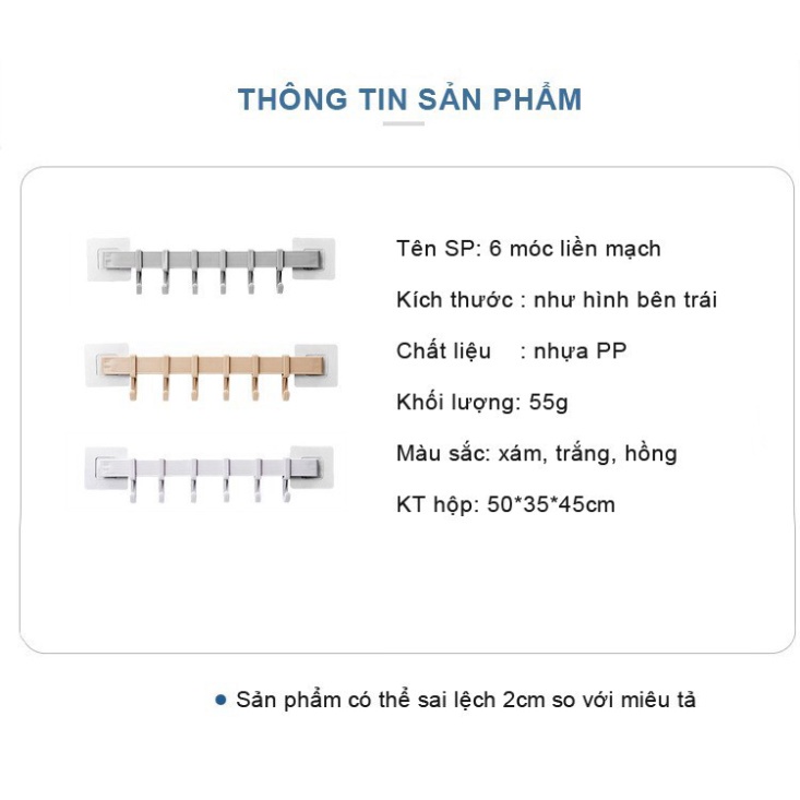 Thanh 6 móc dán tường treo quần áo siêu chắc, Móc dán tường nhà tắm nhà bếp siêu dính không khoan đục