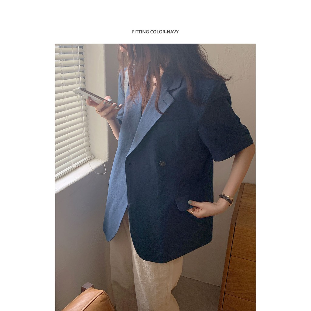 Bộ Áo Khoác Blazer Cotton Ngắn Tay Dáng Rộng Phối Nút + Quần Xinh Xắn | BigBuy360 - bigbuy360.vn