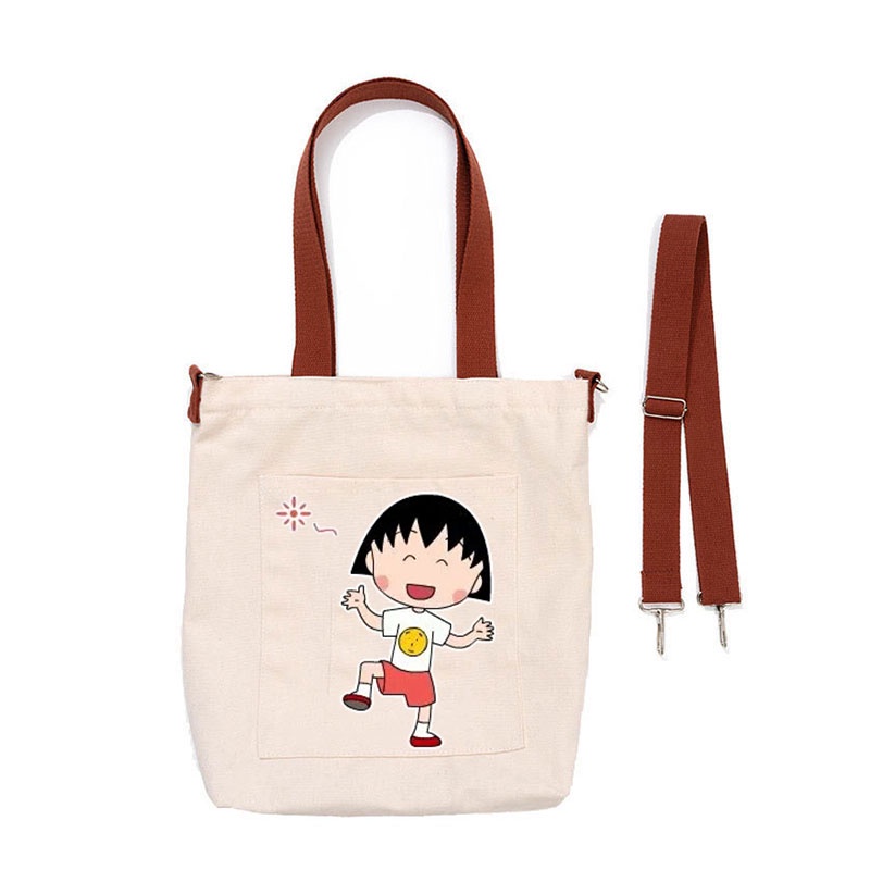 Chibi Túi Đeo Chéo Vải canvas Có Khóa Kéo Họa Tiết Hoạt Hình maruko Dễ Thương