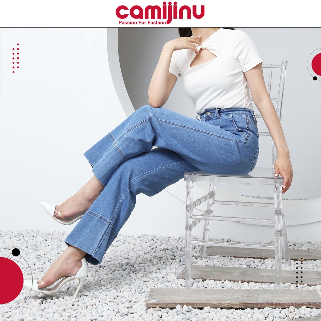 Quần Jeans Nữ Suông Túi Chéo, Gấu To, Dáng Dài Màu Xanh Đậm - Thương Hiệu Camijinu