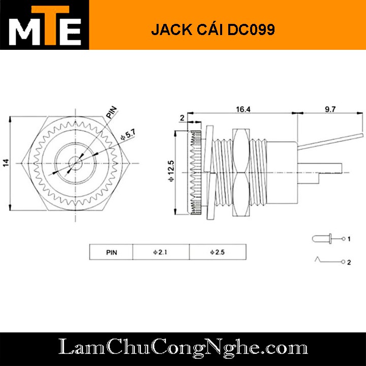 Jack nguồn DC 5.5×2.1 Cái Jack DC cái tròn DC-099