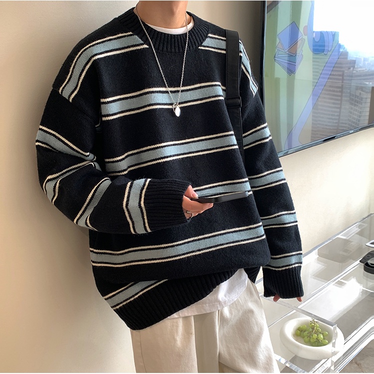 Áo sweater nỉ kẻ sọc tay áo len sweater nam phong cách Hàn Quốc thời trang dáng rộng áo len nam cổ tròn
