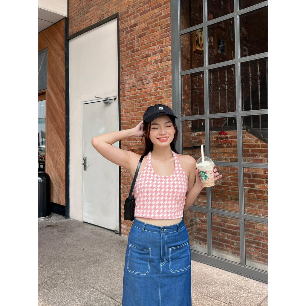 Áo croptop cổ yếm cột dây vải thun xù sọc caro dễ thương cá tính Vipo Top – Siblinghouse