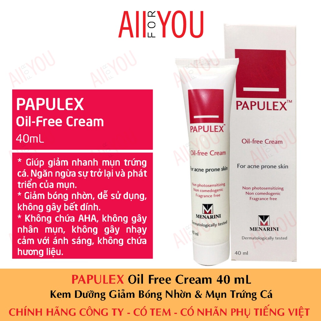 [CHÍNH HÃNG CÓ TEM] PAPULEX Oil Free Cream 40 mL - Kem Dưỡng Giảm Bóng Nhờn &amp; Mụn Trứng Cá.