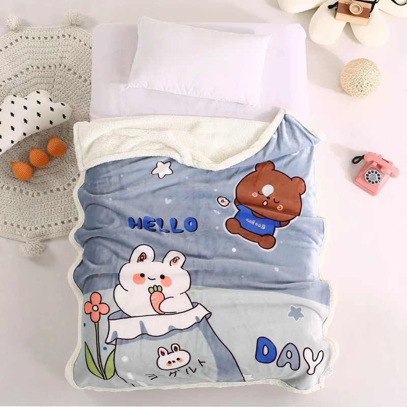 Chăn Lông Cừu 2 Lớp Siêu Mềm Mịn, Dày Dặn Ấm Cho Bé Đi Học