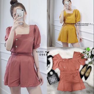 Sét áo cổ vuông nút lệch phối quần đùi kèm belt