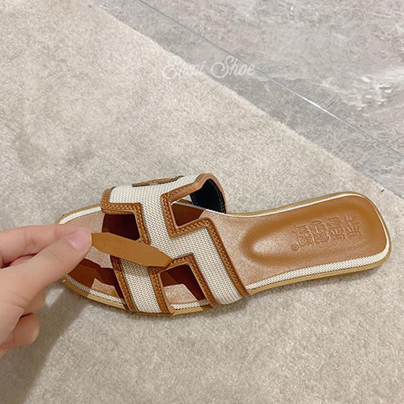 Oeggeo shop Dép Lười Denim Đế Phẳng Khâu Đường May Cho Nữ