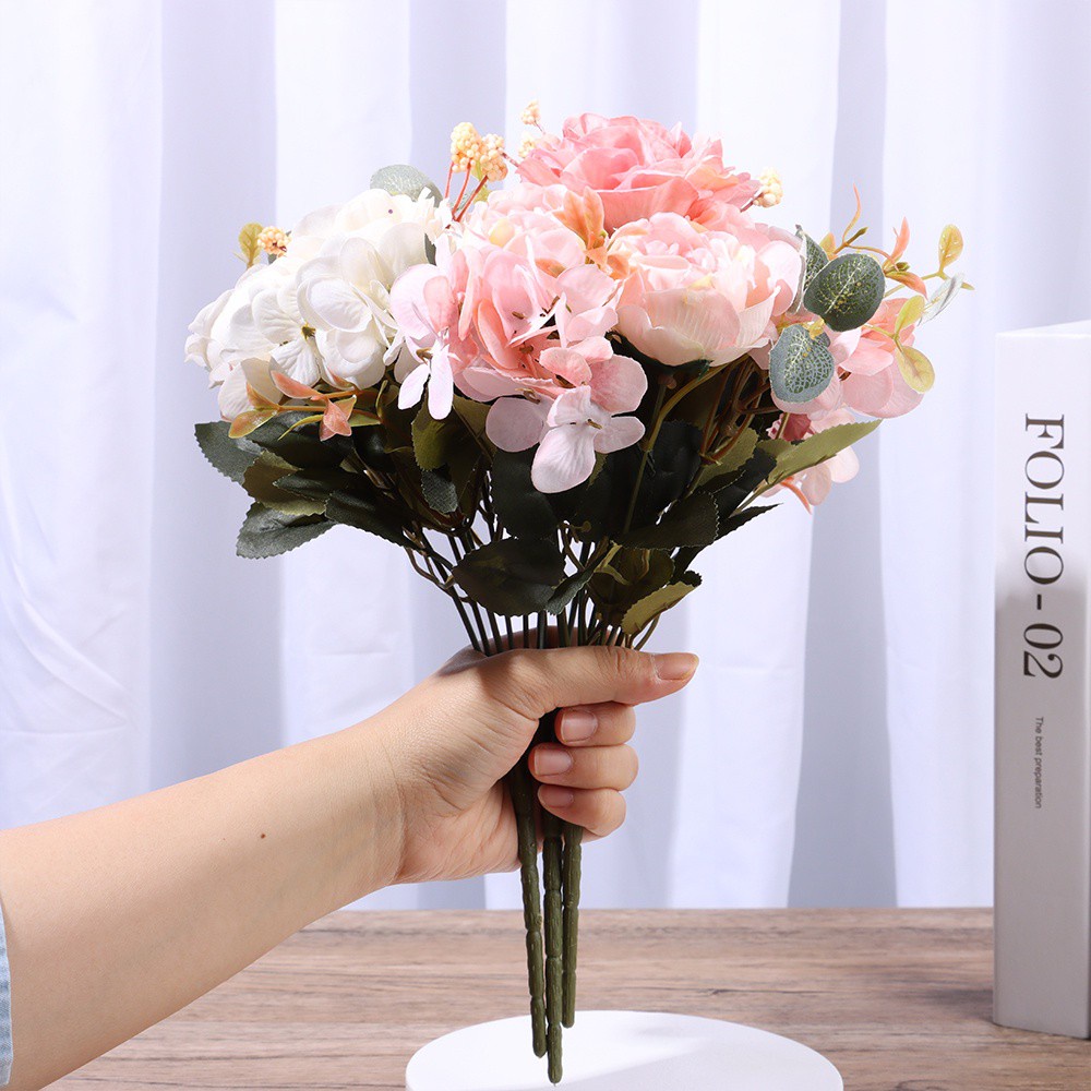 Bó hoa mẫu đơn lụa nhân tạo trang trí bàn làm việc/nội thất DIY