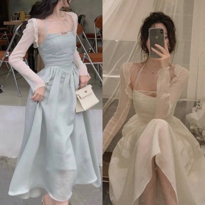 Set đầm yếm midi xếp ngực 1 dây nơ + áo croptop khoác trắng (về thêm xanh)