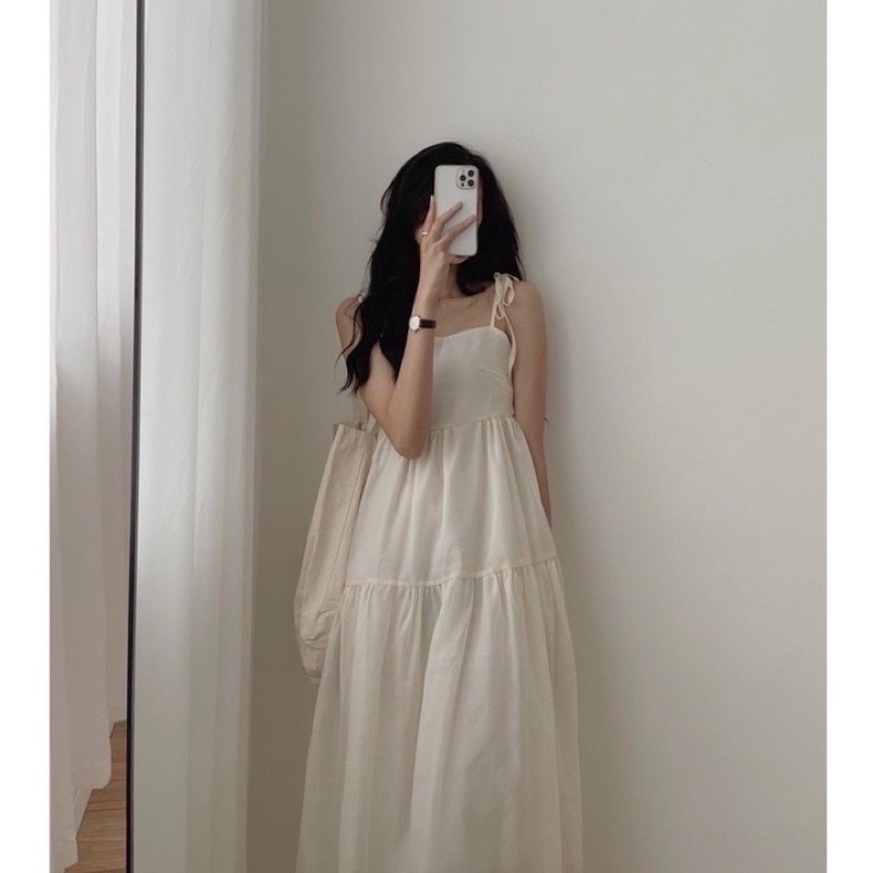 Váy 2 Dây Buộc Vai Kèm Ống Tay Tháo Rời Dáng Xoè Cực Xinh