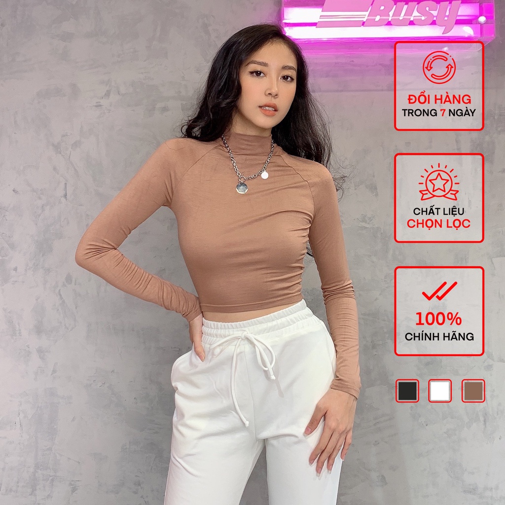 Áo Dài Tay Cổ 3cm Thun Dẻo Croptop Nữ Busy