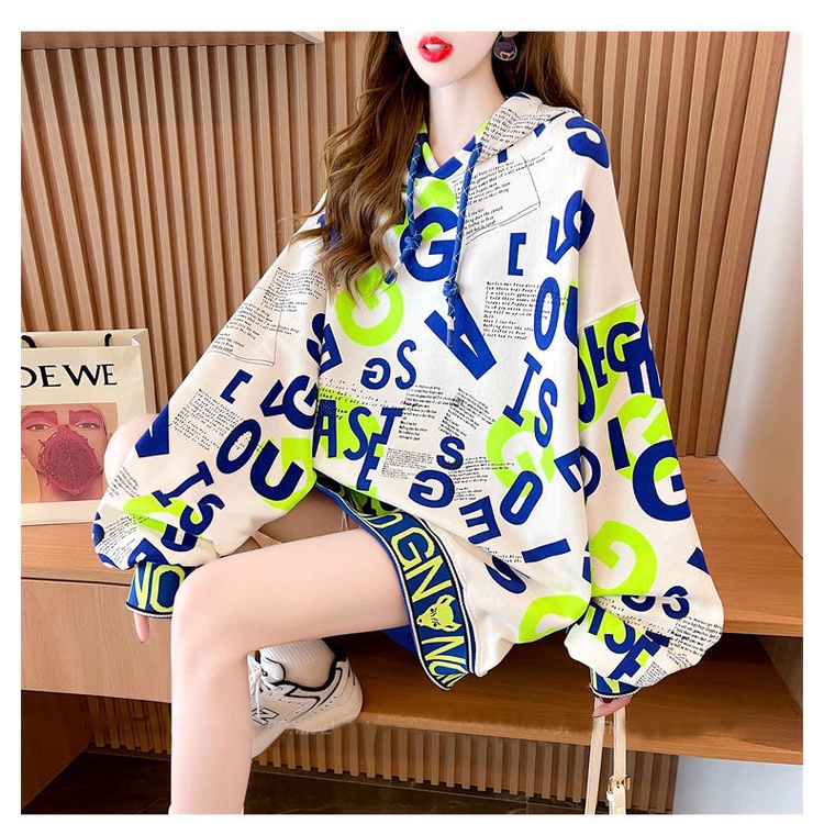 Áo khoác hoodie dáng dài in họa tiết thời trang sành điệu cho nữ 200of