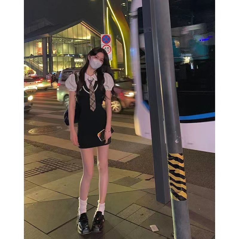 Đầm Giả Hai Lớp Cổ Polo Tay Phồng Thời Trang Mùa Hè Hàn Quốc Mới Cho Nữ