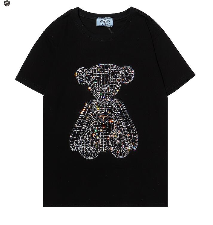 Áo thun unisex cổ tròn tay ngắn in hình gấu đính đá lấp lánh