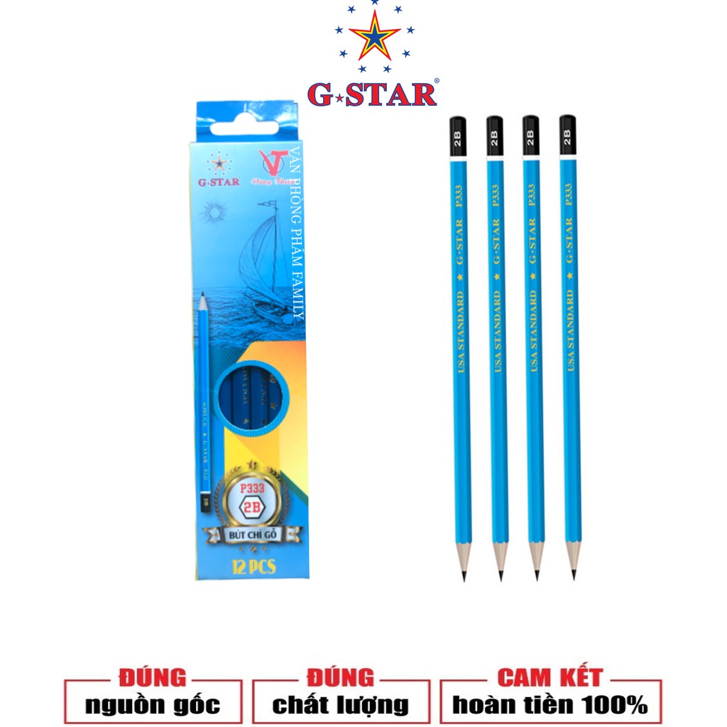 Hộp 12 cây viết chì G-STAR phong cách rực rỡ, thiết kế màu xanh bóng, nguyên liệu gỗ được lựa chọn tỉ mỉ, ngòi bằng than