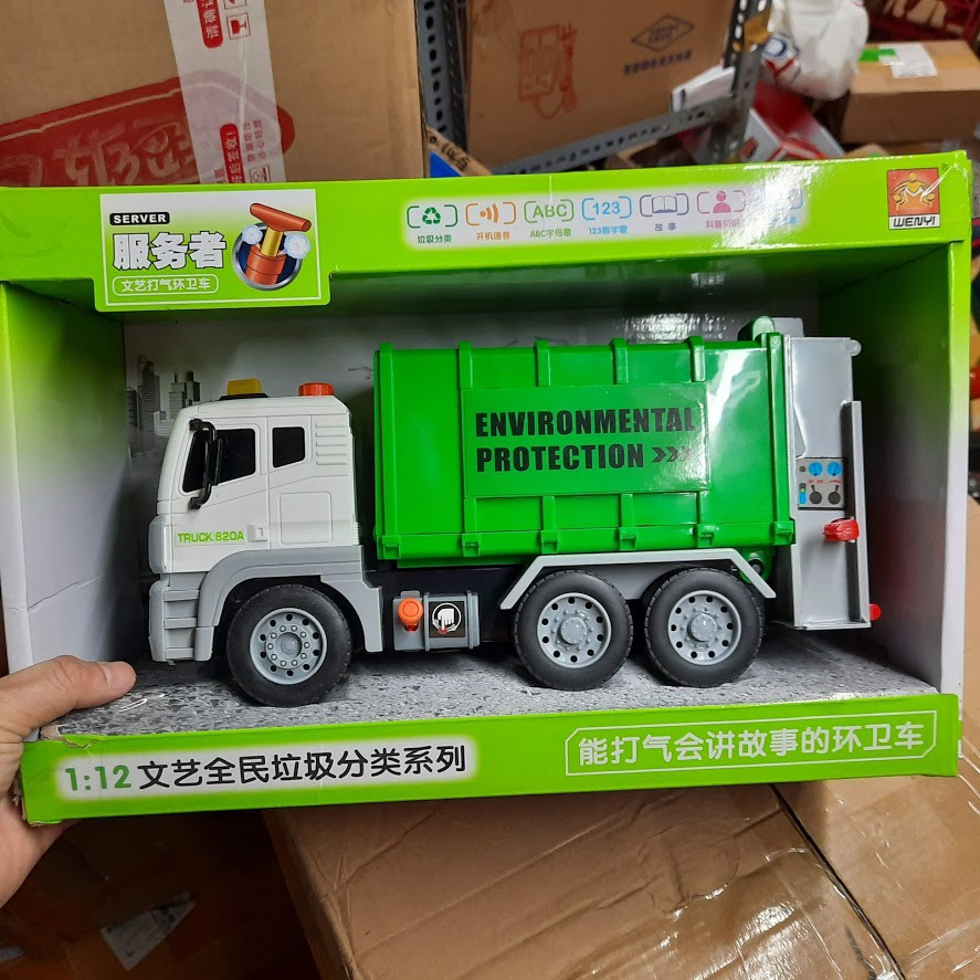 Mô hình xe ô tô chở rác có đèn và âm thanh nâng được thùng rác đồ chơi trẻ em mô hình tỉ lệ 1:12