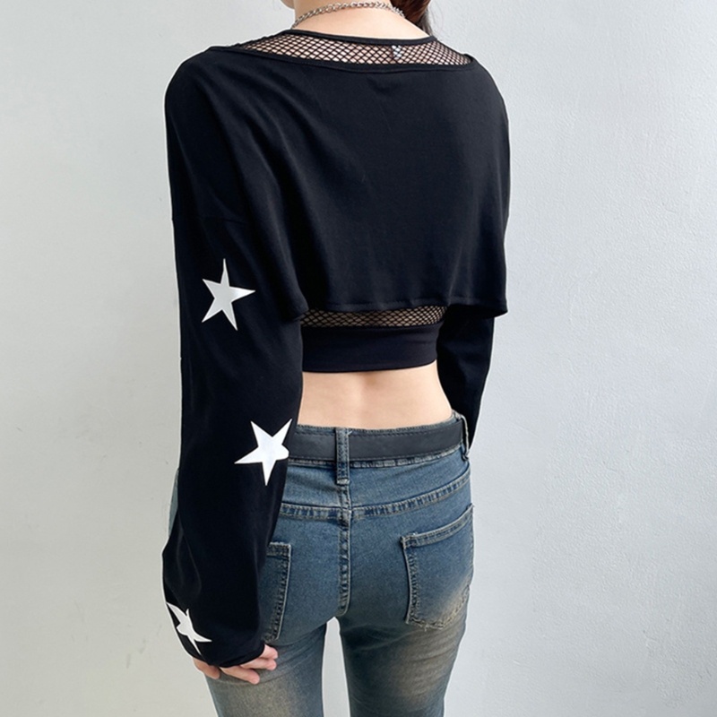 Xiangbao Áo Crop Top Chui Đầu Tay Dài Oversized Hình Ngôi Sao Mùa Thu Cho Nữ
