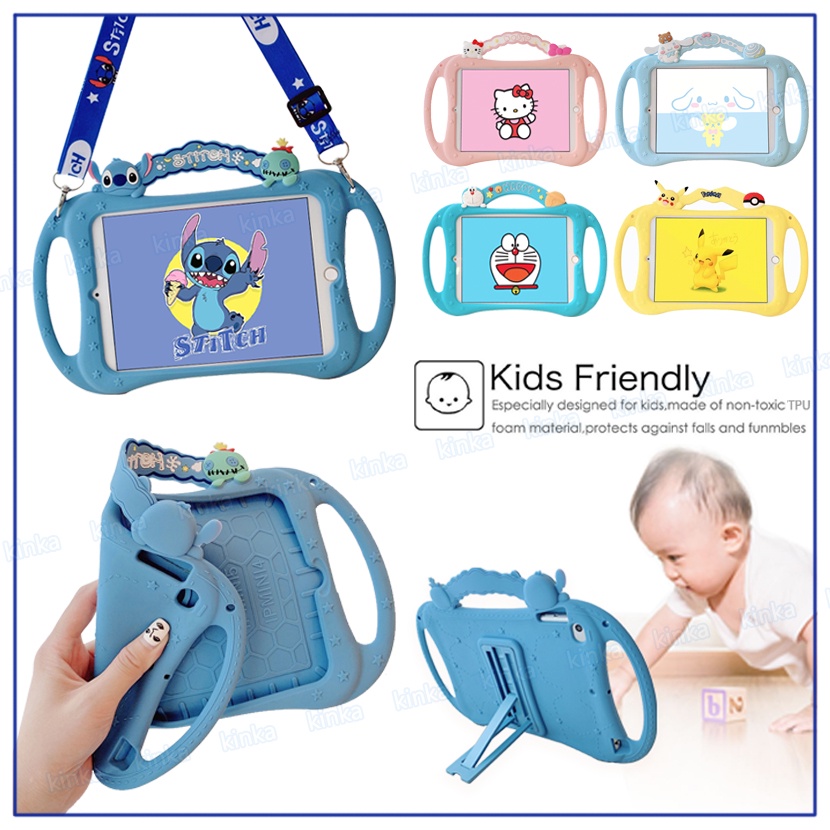 Kids Safe Cute 3D Cartoon Pattern Case Stitch Kitty Cat Pikachu Doraemon Dog Soft Silicone Shoulder Lanyard Stand Tablet Cover Case for iPad mini Air Pro 1 2 3 4 5 6 7 8 9 9.7 10.2 10.5 10.9 11 5th 6th 7th 8th 9th gen 2017 2018 2019 2020 2021