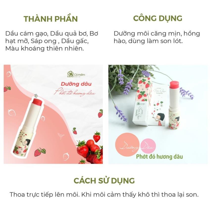 Son Dưỡng Môi Gạo Hương Dâu - Son Dưỡng Có Màu Dưỡng Mềm Môi Chống Khô Nẻ Cỏ Mềm