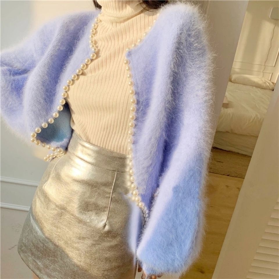 Áo Khoác Cardigan Len Dáng Rộng Màu Trơn Đính Ngọc Trai Phong Cách Thời Trang Hàn Quốc
