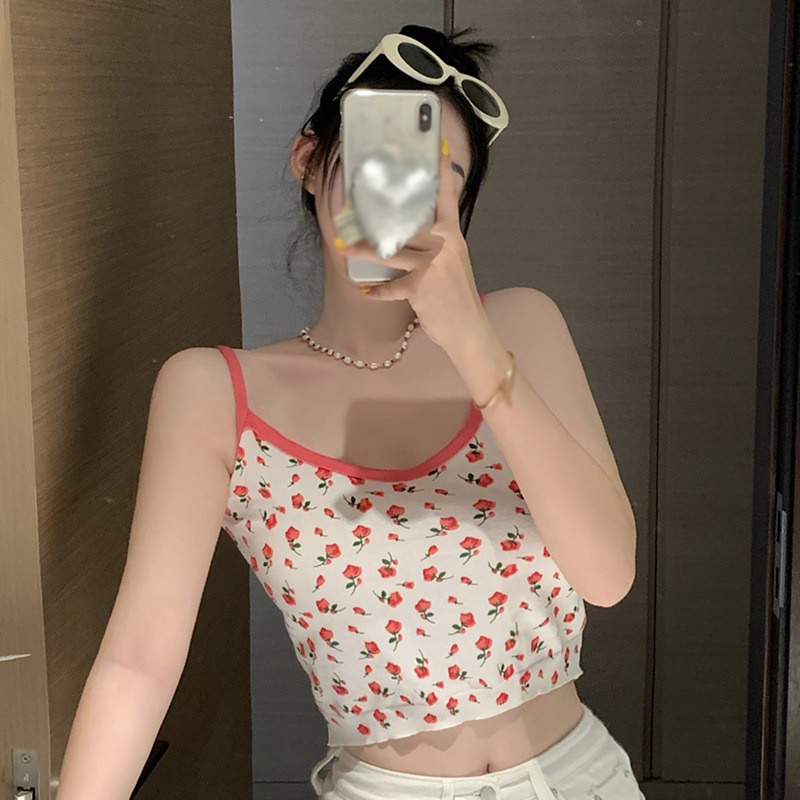 Áo Croptop Sát Nách Cổ Chữ V Ôm Dáng In Họa Tiết Hoa Nhí Xinh Xắn Phong Cách Hàn Quốc