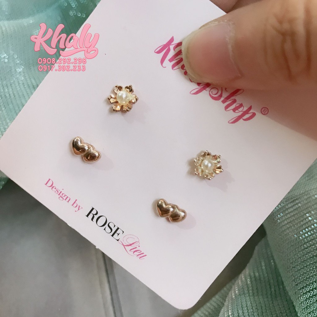 Set 2 đôi bông tai , hoa tai , trang sức hình bông hoa đính hột châu và trái tim đôi mini màu vàng khuyên nụ cho bé gái