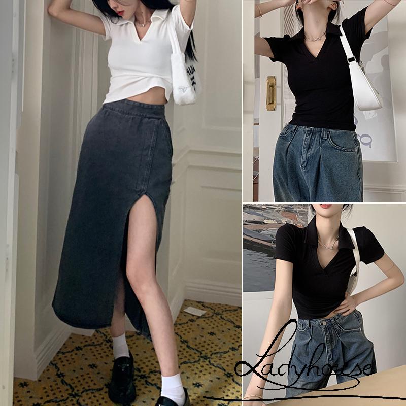 Áo Thun Crop Top Tay Ngắn Cổ Chữ V Màu Sắc Đơn Giản Dành Cho Nữ