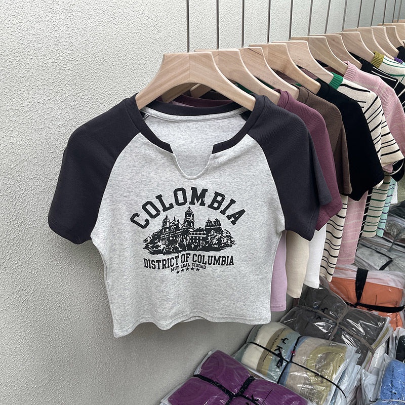 Áo Thun Cotton Ngắn Tay Cổ Chữ V Màu Sắc Tương Phản Phong Cách Hàn Quốc Cho Nữ