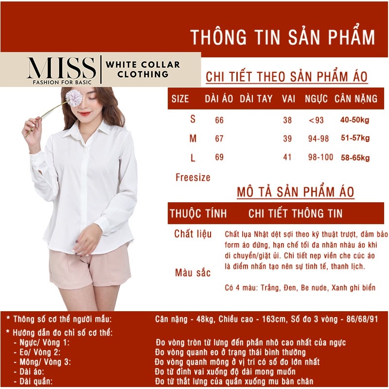 Áo sơ mi nữ lụa dài tay, áo công sở form rộng kiểu Hàn Quốc cao cấp màu Trắng Đen Xanh Be MISS CLOTHINGS SM-01 | BigBuy360 - bigbuy360.vn