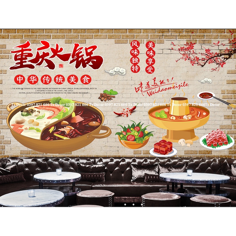 Tranh dán tường trang trí nhà hàng quán ăn lẩu nướng 3D