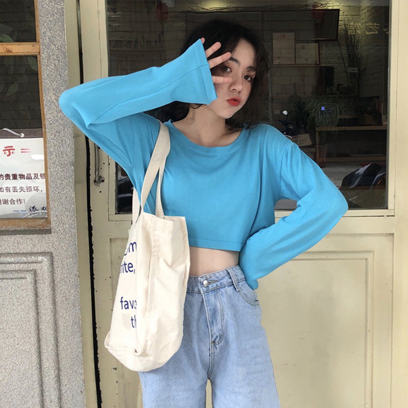 Women's Round Neck T-Shirt Long Sleeve Tops Purea Color Loose Fit Pullover Blouse | BigBuy360 - bigbuy360.vn
