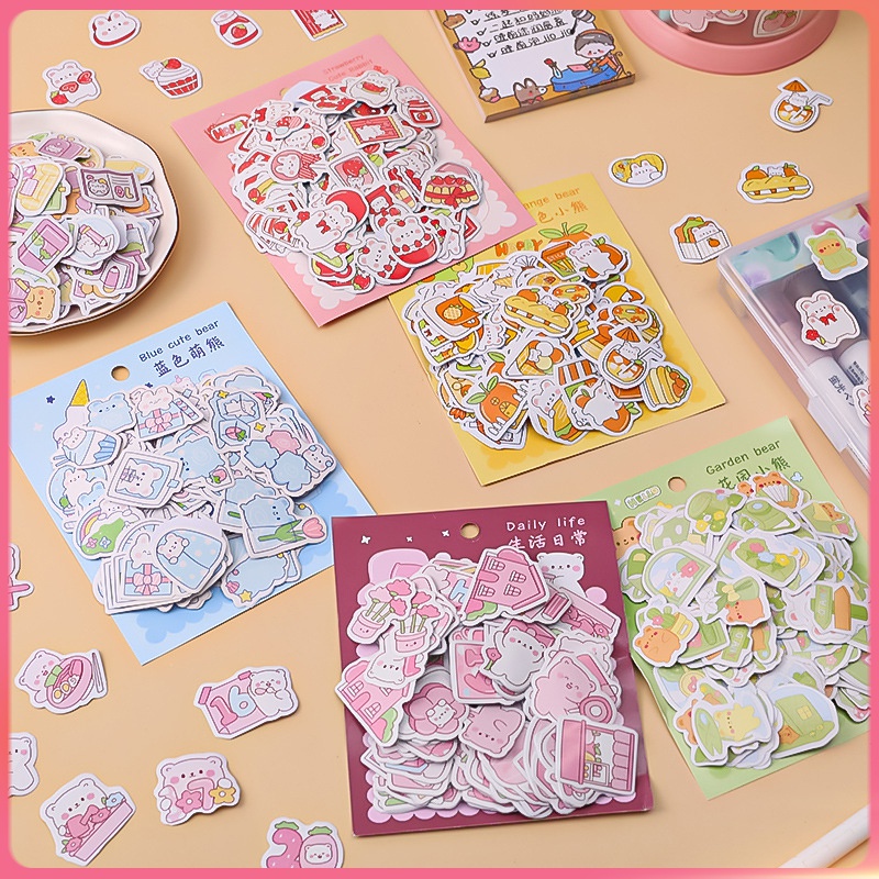 Set 200 miếng dán hình gấu / thỏ hoạt hình dễ thương trang trí nhật ký