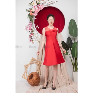 Đầm tafta đỏ xòe, phối lưới - TOSON - 49385D540
