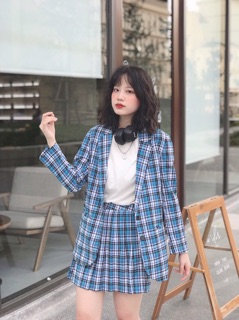 Usthebasic - Chân váy Plaid Pleated Blue Skirt