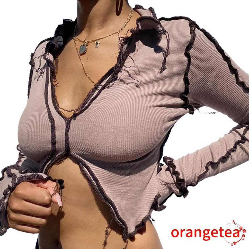 Áo Crop Top Nữ Tay Dài Cổ Chữ V Rách Cá Tính