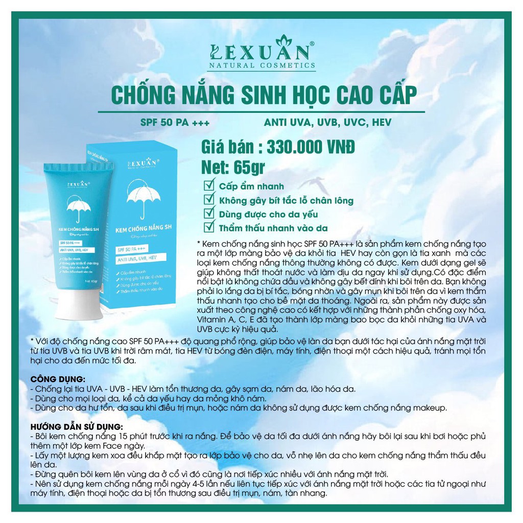 KEM CHỐNG NẮNG SINH HỌC LÊ XUÂN COSMETIC 65gr Chỉ số chống nắng SPF 50PA++ Bảo vệ da cực cao,Giúp da sáng nhẹ