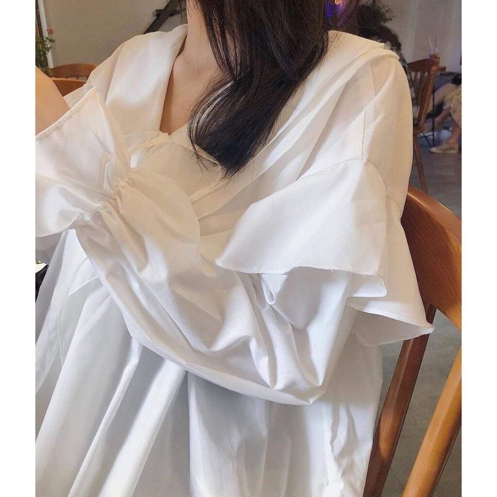 Áo sơ mi babydoll dài tay cổ viền chữ Y - áo sơmi trắng nữ dài tay bánh bèo, tay bo xòe, dáng váy SIÊU HOT