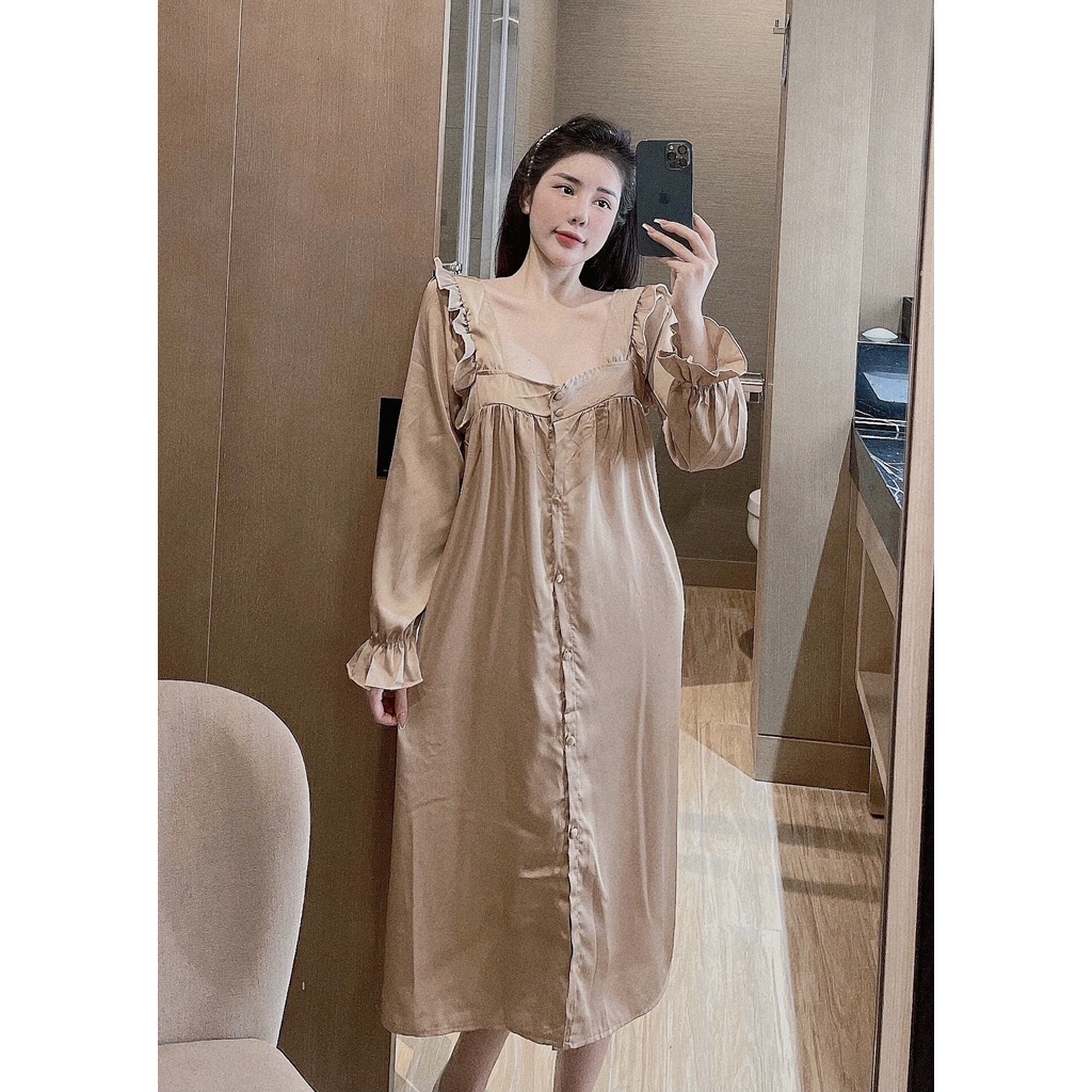 Đầm Ngủ Sexy lụa latin tiểu thư baby doll cổ U, nút bộc xịn xò- DN 107
